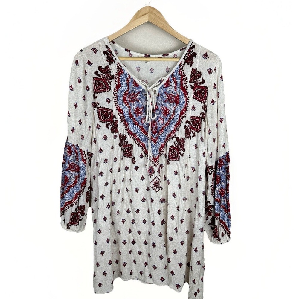 Billabong Tunic Dress Women Large Boho Paisley V-Neck Crinkle Long Sleeve Rayon